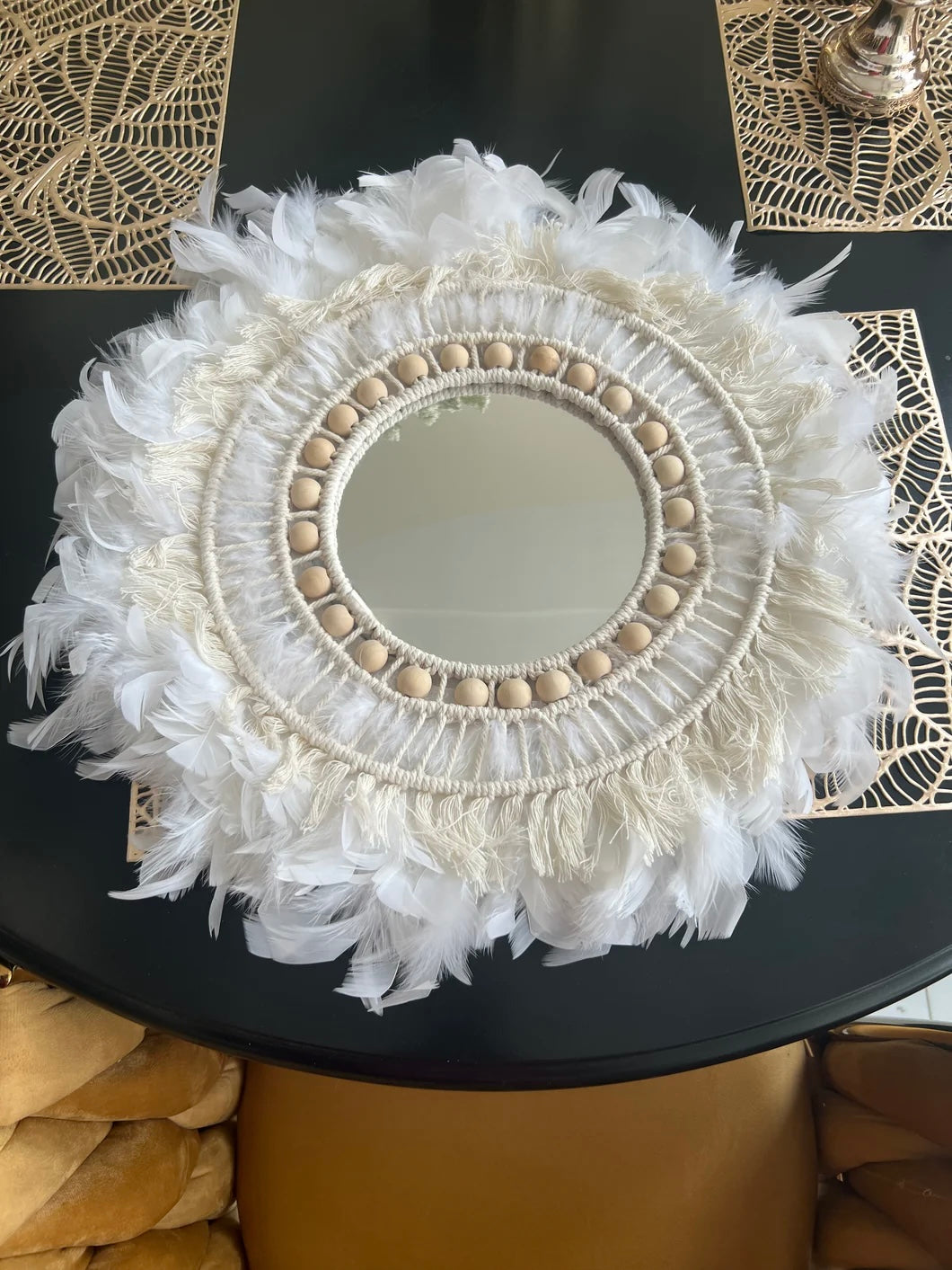 Premium Boho Feather Round Wall Mirror