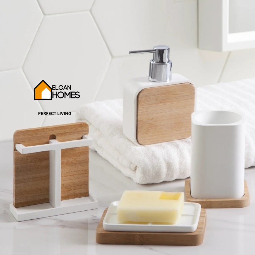 3-Piece Premium Ceramic Bath Set with Wood Touch