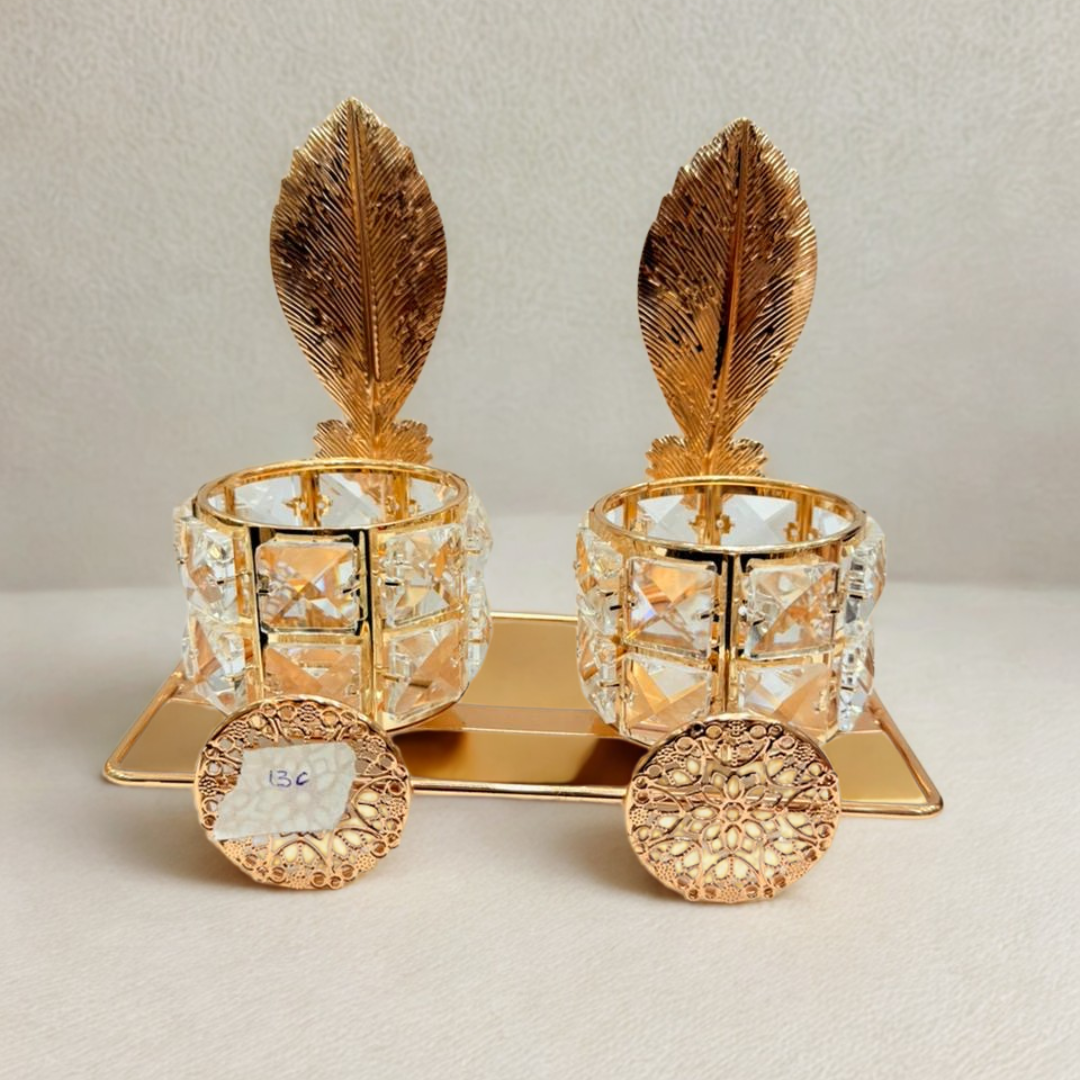 Golden Crystal Feather Candle Holder Cart – Regal Glow with Artistic Detail