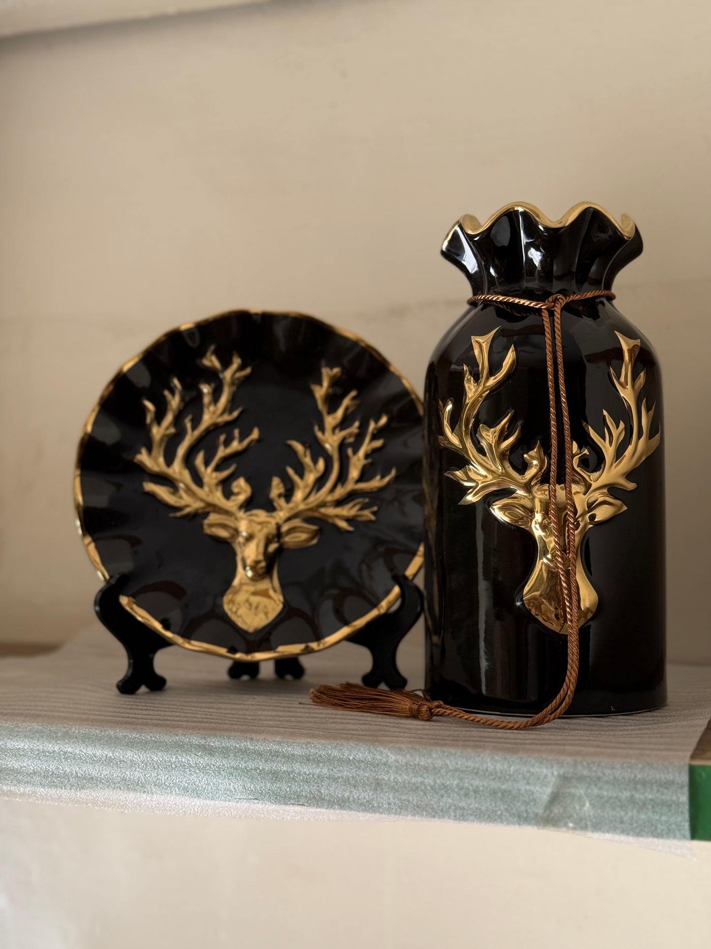 Ceramic Black & Golden Plate and Jar Décor Set