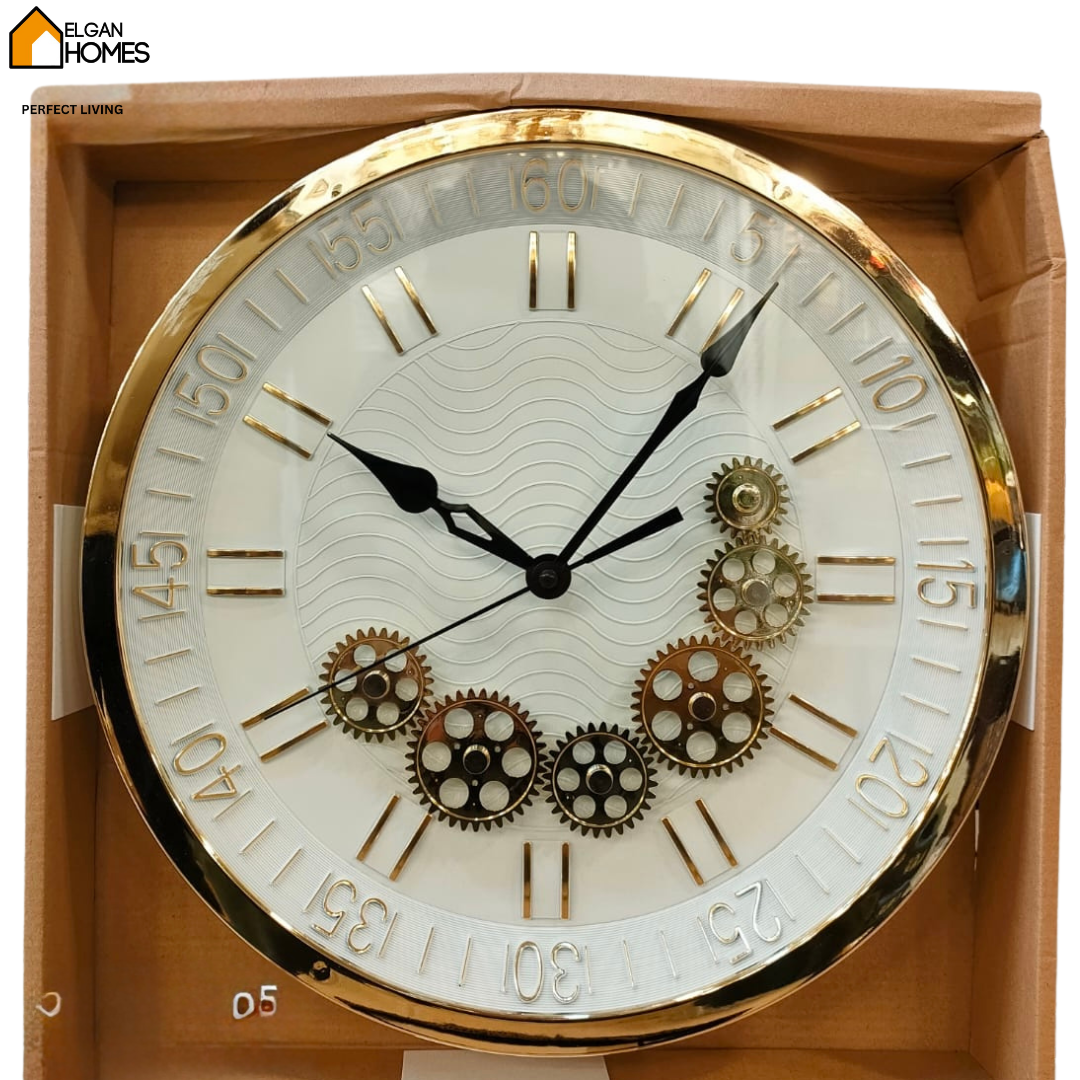 White Dial with Golden Moving Gear Wall Clock