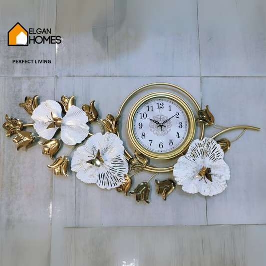 Premium Golden Floral Wall Art with Clock