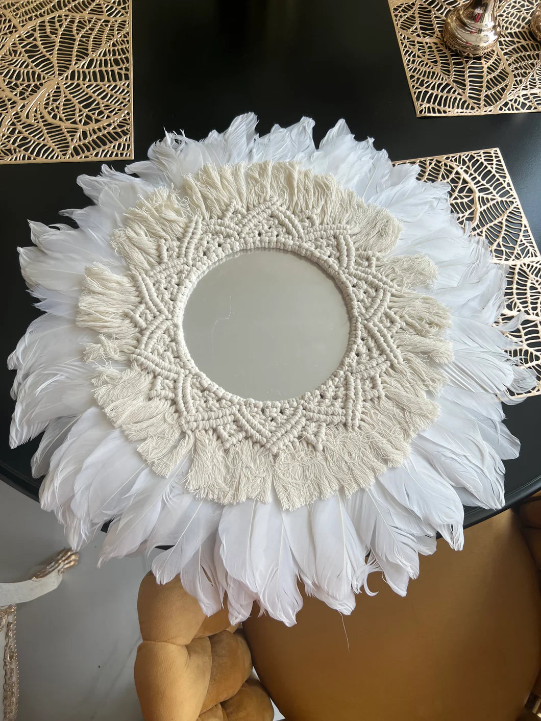 Premium Boho Feather Round Wall Mirror