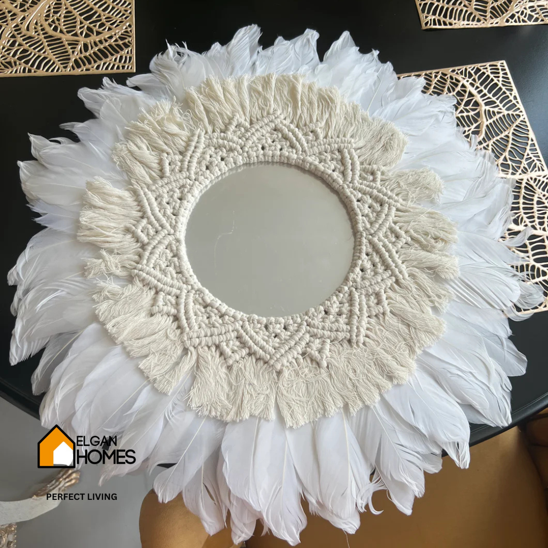 Premium Boho Feather Round Wall Mirror