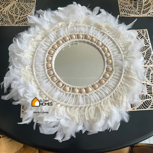 Premium Boho Feather Round Wall Mirror