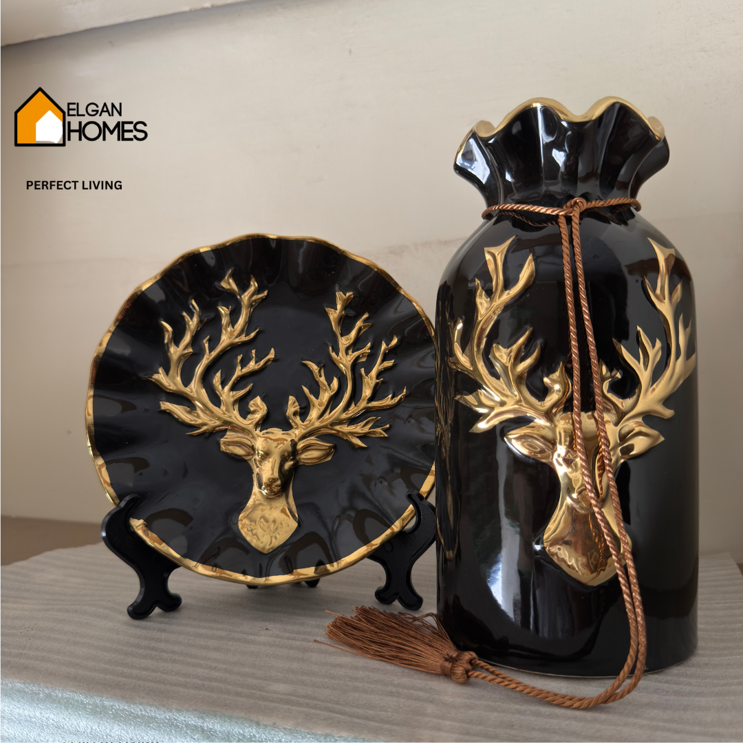 Ceramic Black & Golden Plate and Jar Décor Set