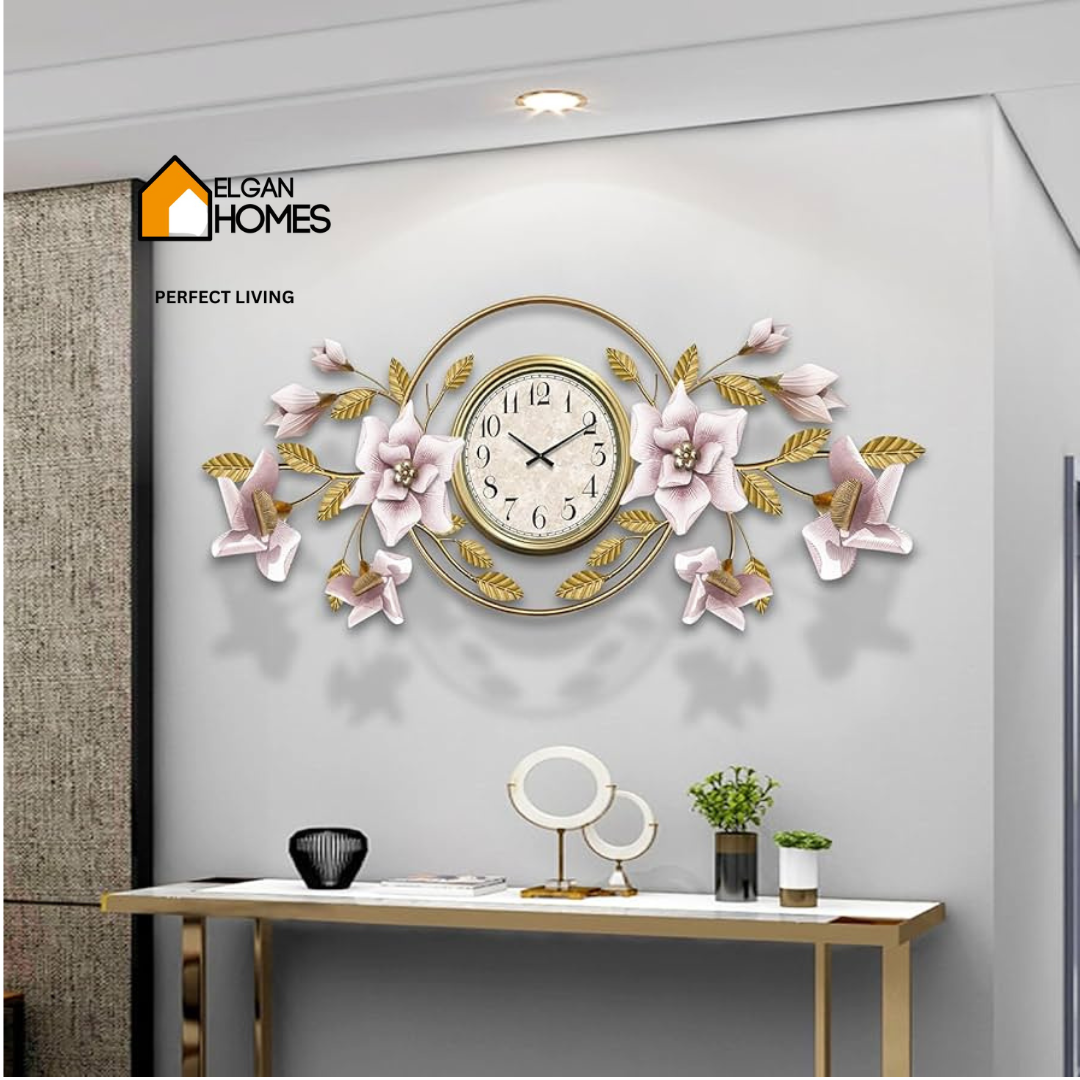 Large Pink Golden Metalic Wall Clock Decor