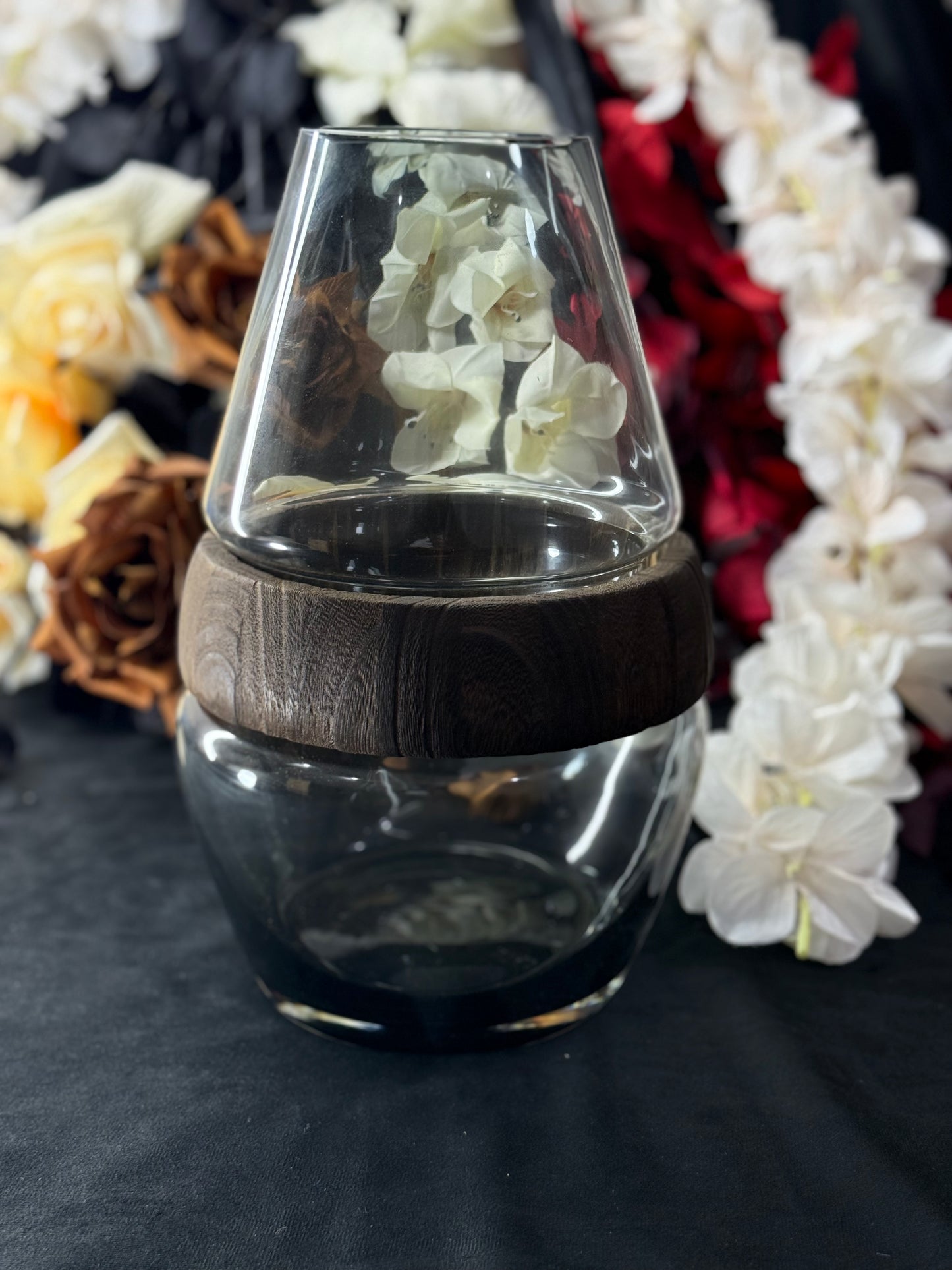 Home Glass Clear Frost Round Belly Vase With Wood Band