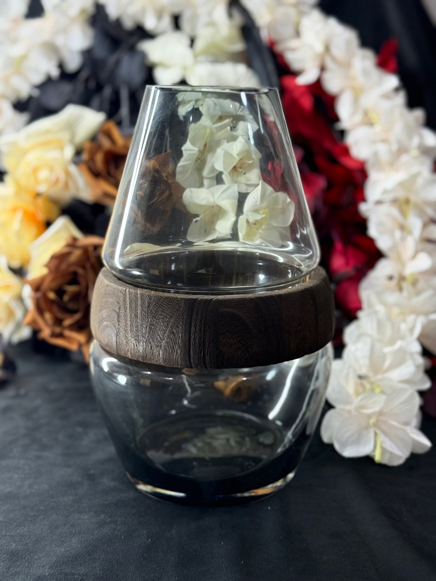 Home Glass Clear Frost Round Belly Vase With Wood Band