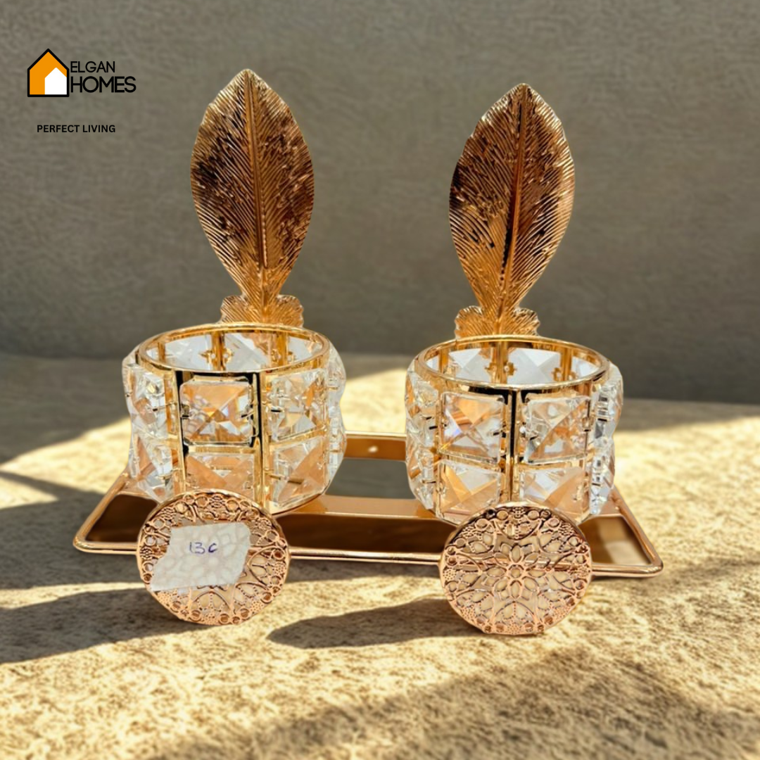Golden Crystal Feather Candle Holder Cart – Regal Glow with Artistic Detail