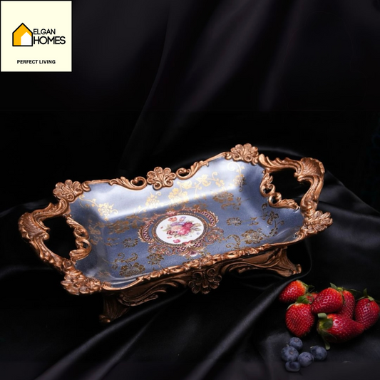 Vintage Gold-Handled Porcelain Serving Tray Featuring Ornate Floral Design