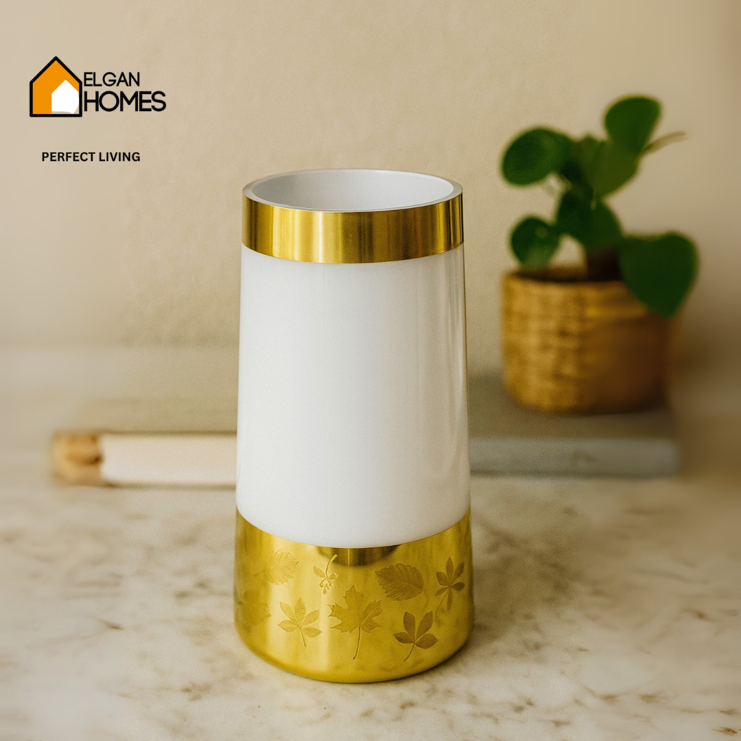 Elegant White & Gold Ceramic Vase – Leaf Etching Design