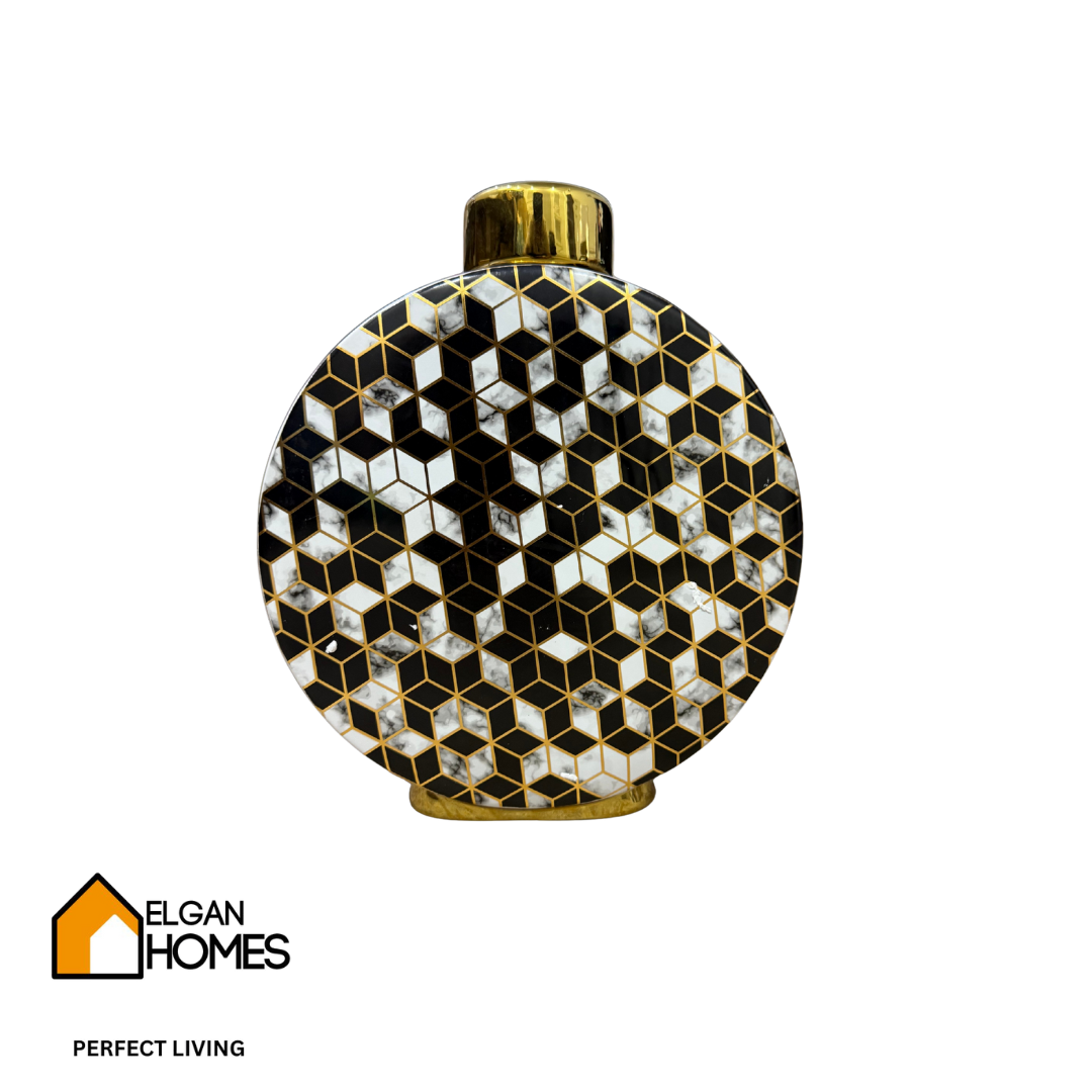 Geometric Luxe Round Vase – Black, White & Gold