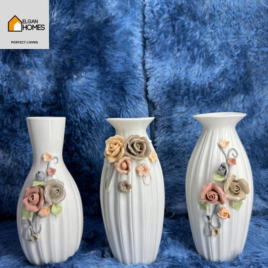 Elegant Ceramic Flower Vase with 3D Floral Design – Timeless Charm for Your Home